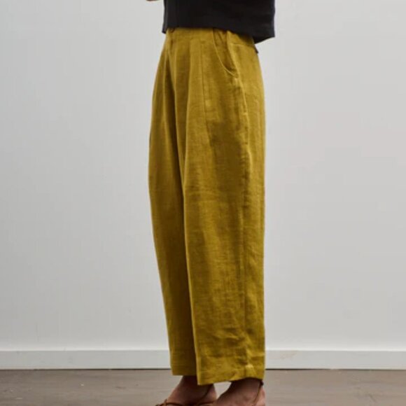 7115 Linen Pleated Trousers Mustard Small - Picture 2 of 9